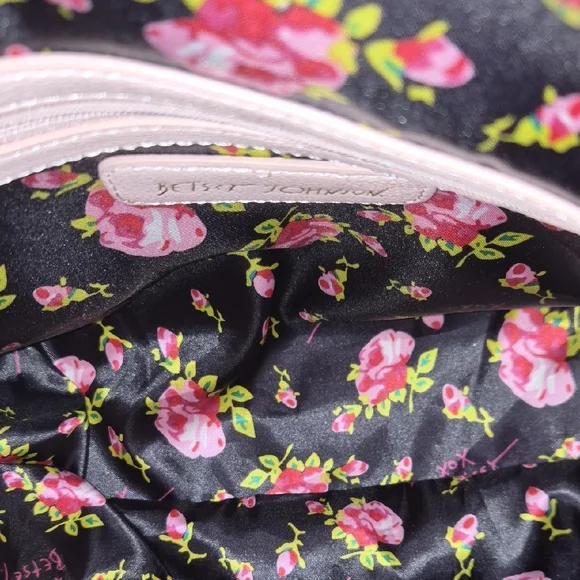 Betsey Johnson Black Floral Satchel with Pink Handles & Bow - Picture 2 of 9